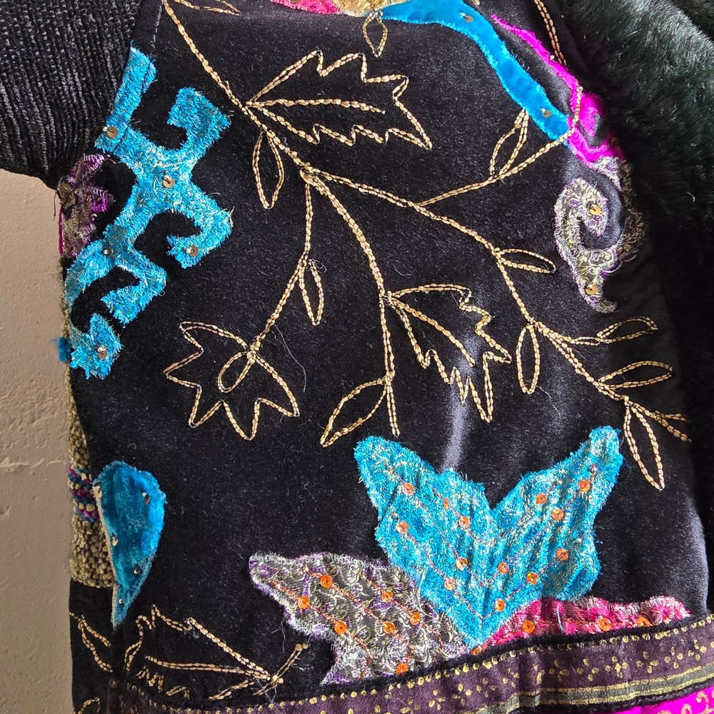 Patchwork Velvet Silk Fur boho Jacket Women's Emb… - image 4